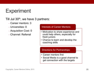 Experiment
Copyrights, Career Mentore Online, 2013 25
Interests of Career Mentors:
• Motivation to share experience and
could help others, especially for
fresh juniors
• Chance to learn and develop the
coaching skills
• Career mentors first
• Social Media is a good channel to
get connection with the targets
Directions for Partnerships:
Till Jul 30th, we have 3 partners:
Career mentors: 3
Universities: 0
Acquisition Cost: 0
Channel: Referral
 