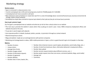 Marketing strategy
Market analysis
• Spain is immersed in a deep economic crisis
• Current unemployed rate is 25% and increasing every month (5.778.000 people of 17.320.000)
• Unemployment exit more successful is self-work
• Main obstacle to work as freelance or create their own firm is a lack of knowledge about: economic/financial issues; business environment &
  strategy and/or contact networks
• Somebody has simple ideas oriented to improve task related to their jobs but they do not know how to promote

How to get customer target
Our first goal is unemployed know our website and what we can do for them: attract visitors to our website
• The main way is promote the website in places where they usually go to search a job, I mean, INEM, temporary employment offices and
  websites focused on this area.
• To put ads in search engine with adwords
• Use corporate profile in LinkedIn, facebook, twitter, youtube...to promote it through our contact network
• Attend entrepreneurs events
• Blogs and website: maybe we can exchange banners with partners companies
• Marketing viral strategy based on videos. 100% mobile penetration in Spain, so this is a good channel to get a lot of people in a few days.

Metrics
 •    Number of visitors                        •   Number click on banners (source: search engine, job websites, social media, blogs, ads...)
 •    Unique visitors                           •   Number of visits from brochures, flyers, information delivered in employment offices...
 •    Average time of visits                    •   Number ideas upload
 •    Number of pages visited                   •   Number services request (statistic about different services, cost...)
 •    Number of information requests            •   Number people request more than one service, comments (website, blogs, social media)
 •    Number of registered                      •   Average cost
 •    Number affiliates                         •   Comments
 •    Number clicks in share, tweets, like...
 
