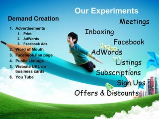 Our Experiments
Demand Creation
                                   Meetings
1. Advertisements
     1. Print            Inboxing
                                  Facebook
     2. AdWords
     3. Facebook Ads

                           AdWords
2. Word of Mouth
3. Facebook Fan page
4.
5.
   Public Listings
   Website URL on
                                   Listings
   business cards
6. You Tube
                            Subscriptions
                                   Sign Ups
                       Offers & Discounts
 