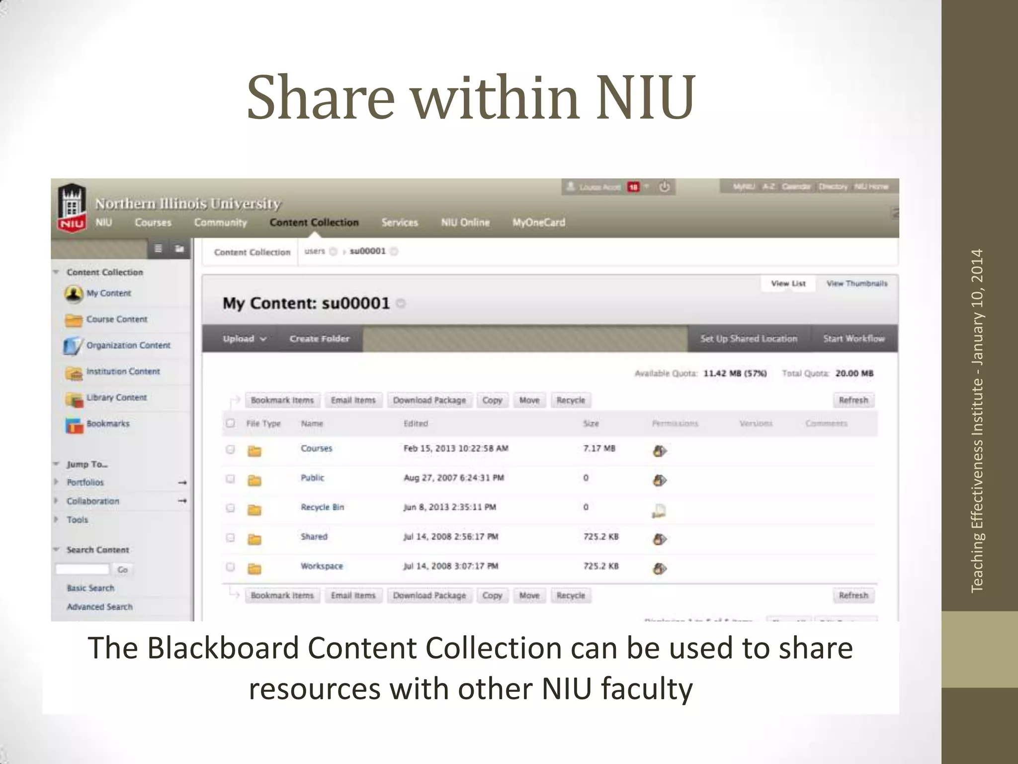 Teaching Effectiveness Institute - January 10, 2014

Share within NIU

The Blackboard Content Collection can be used to share
resources with other NIU faculty

 