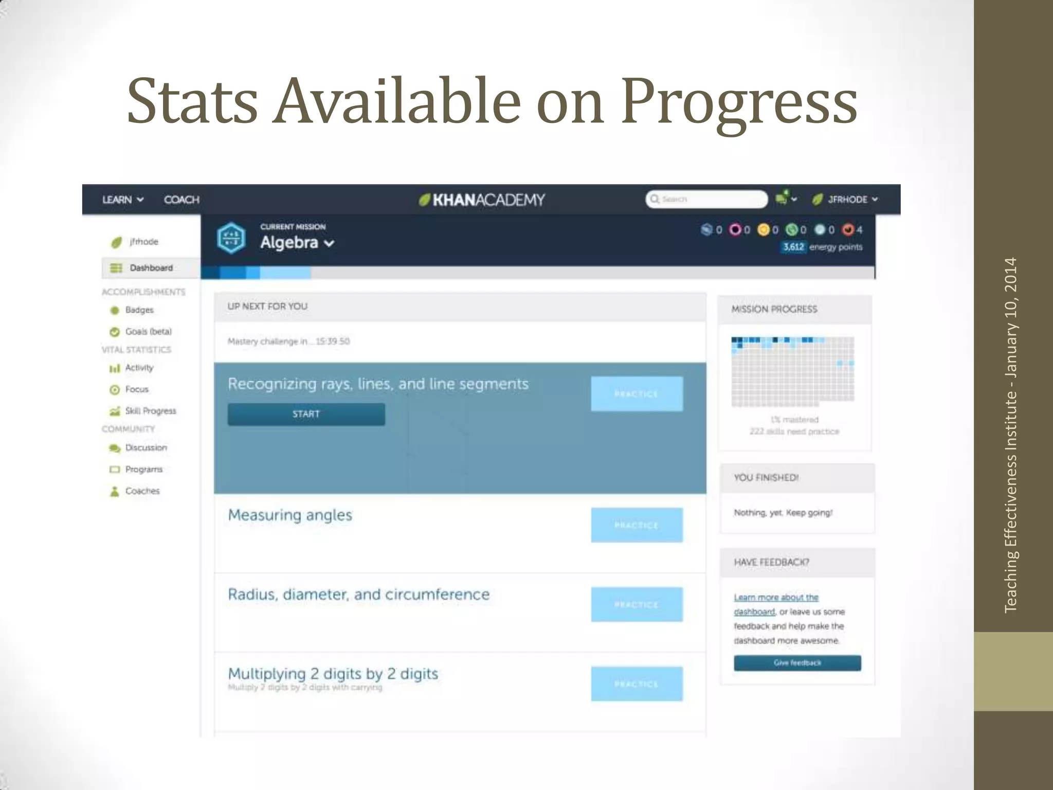 Teaching Effectiveness Institute - January 10, 2014

Stats Available on Progress

 