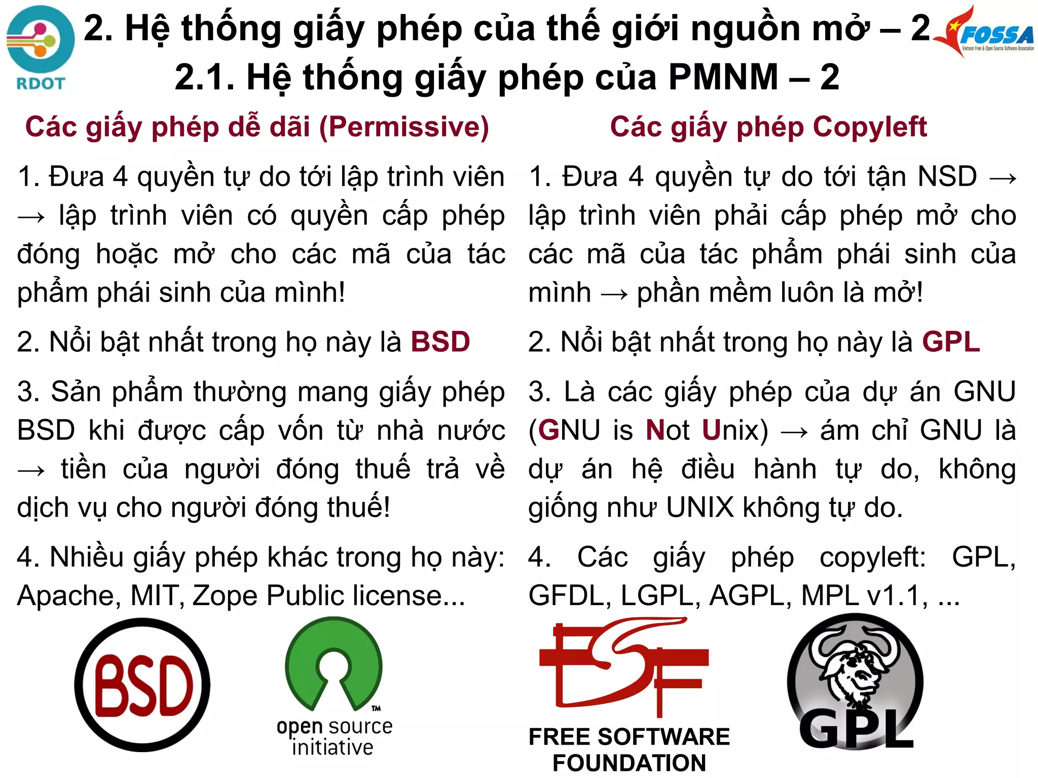 Các giấy phép dễ dãi (Permissive)
1. Đưa 4 quyền tự do tới lập trình viên
→ lập trình viên có quyền cấp phép
đóng hoặc mở cho các mã của tác
phẩm phái sinh của mình!
2. Nổi bật nhất trong họ này là BSD
3. Sản phẩm thường mang giấy phép
BSD khi được cấp vốn từ nhà nước
→ tiền của người đóng thuế trả về
dịch vụ cho người đóng thuế!
4. Nhiều giấy phép khác trong họ này:
Apache, MIT, Zope Public license...
FREE SOFTWARE
FOUNDATION
Các giấy phép Copyleft
1. Đưa 4 quyền tự do tới tận NSD →
lập trình viên phải cấp phép mở cho
các mã của tác phẩm phái sinh của
mình → phần mềm luôn là mở!
2. Nổi bật nhất trong họ này là GPL
3. Là các giấy phép của dự án GNU
(GNU is Not Unix) → ám chỉ GNU là
dự án hệ điều hành tự do, không
giống như UNIX không tự do.
4. Các giấy phép copyleft: GPL,
GFDL, LGPL, AGPL, MPL v1.1, ...
2. Hệ thống giấy phép của thế giới nguồn mở – 2
2.1. Hệ thống giấy phép của PMNM – 2
 