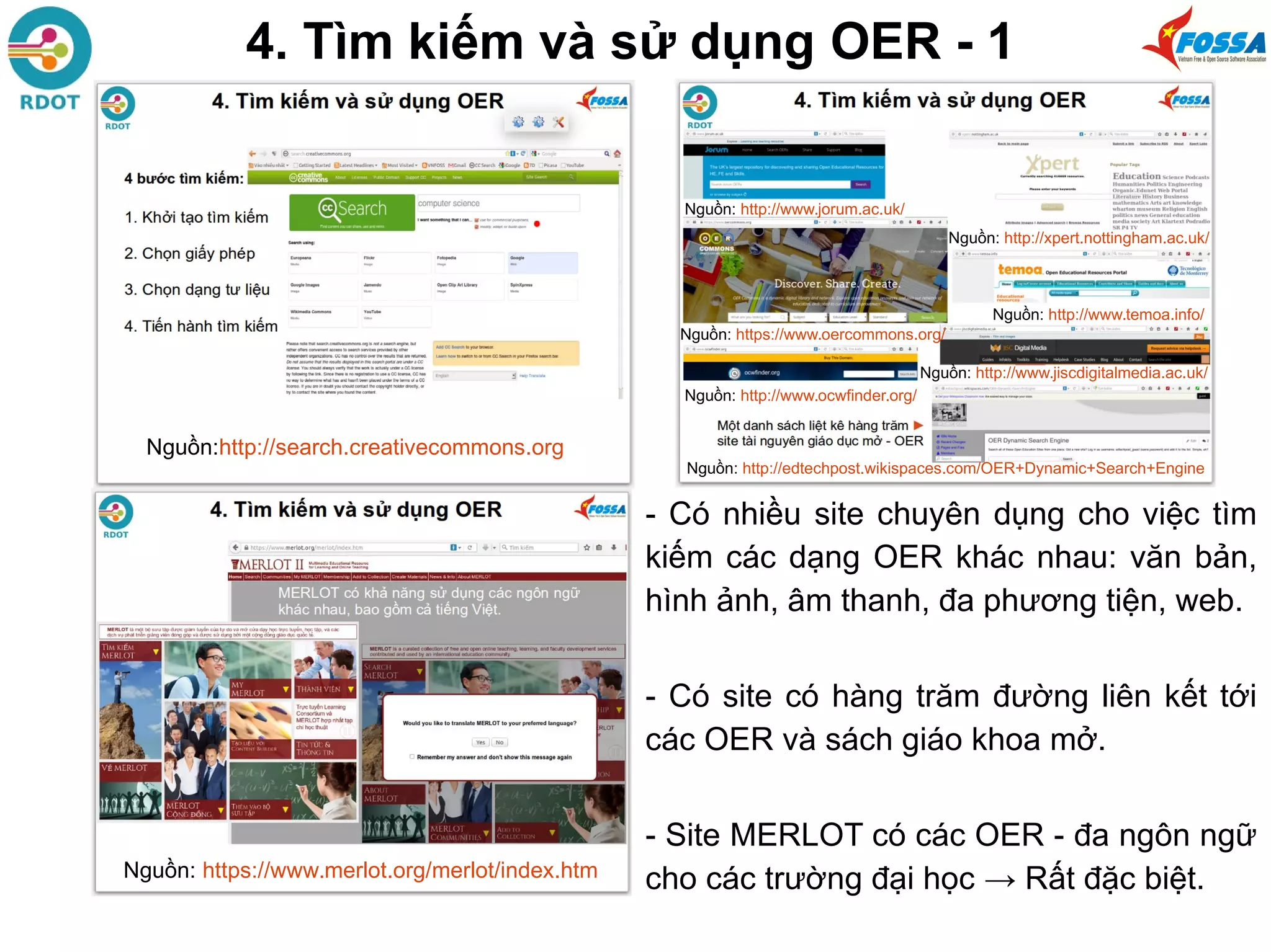- Có nhiều site chuyên dụng cho việc tìm
kiếm các dạng OER khác nhau: văn bản,
hình ảnh, âm thanh, đa phương tiện, web.
- Có site có hàng trăm đường liên kết tới
các OER và sách giáo khoa mở.
- Site MERLOT có các OER - đa ngôn ngữ
cho các trường đại học → Rất đặc biệt.Nguồn: https://www.merlot.org/merlot/index.htm
Nguồn:http://search.creativecommons.org
https://openeducationalresources.pbworks.com/w/
page/25228307/OER%20Myths
Nguồn: http://edtechpost.wikispaces.com/OER+Dynamic+Search+Engine
Nguồn: http://www.jorum.ac.uk/
Nguồn: http://xpert.nottingham.ac.uk/
Nguồn: http://www.temoa.info/
Nguồn: https://www.oercommons.org/
Nguồn: http://www.jiscdigitalmedia.ac.uk/
Nguồn: http://www.ocwfinder.org/
4. Tìm kiếm và sử dụng OER - 1
 