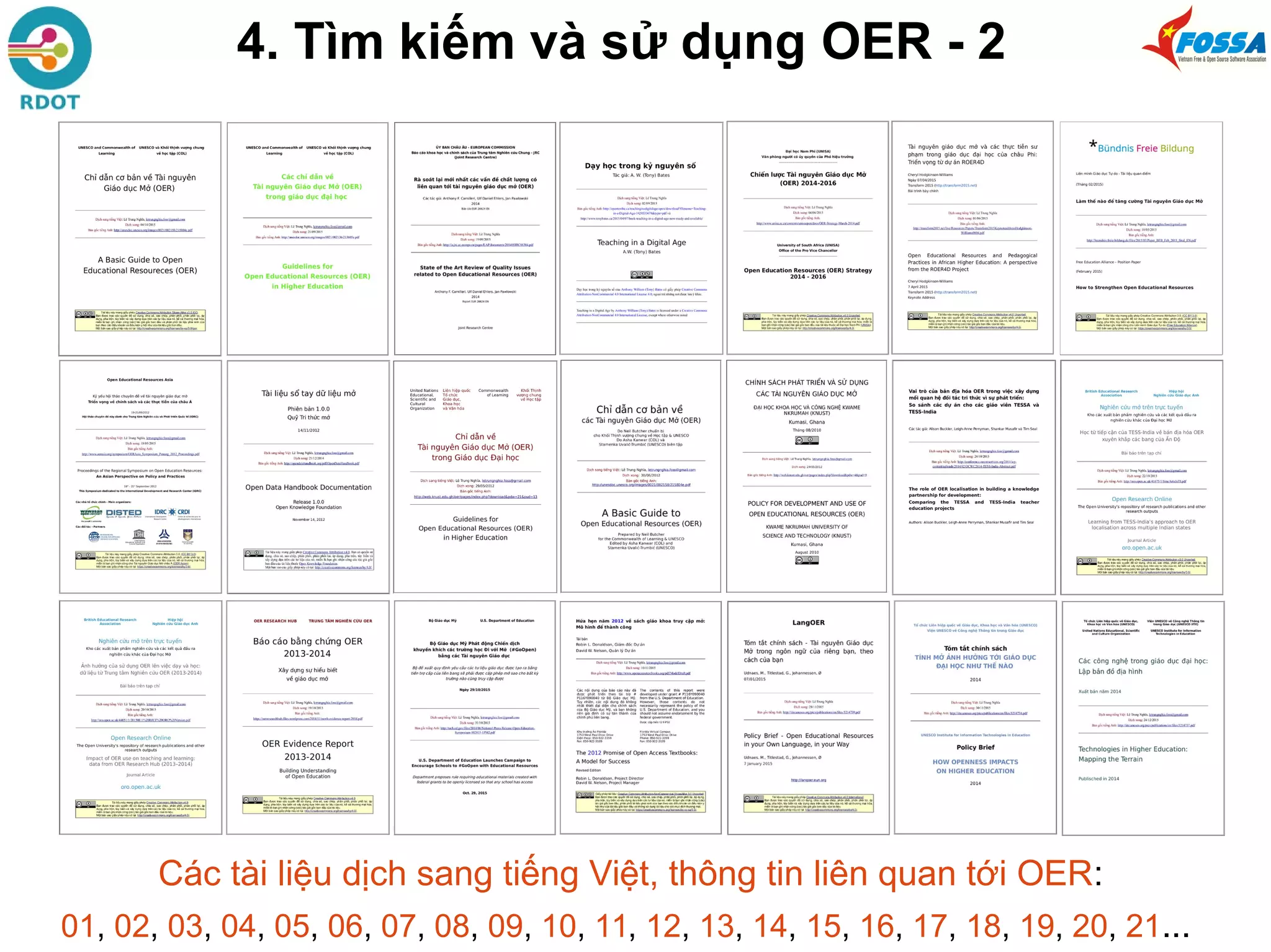 Các tài liệu dịch sang tiếng Việt, thông tin liên quan tới OER:
01, 02, 03, 04, 05, 06, 07, 08, 09, 10, 11, 12, 13, 14, 15, 16, 17, 18, 19, 20, 21...
4. Tìm kiếm và sử dụng OER - 2
 