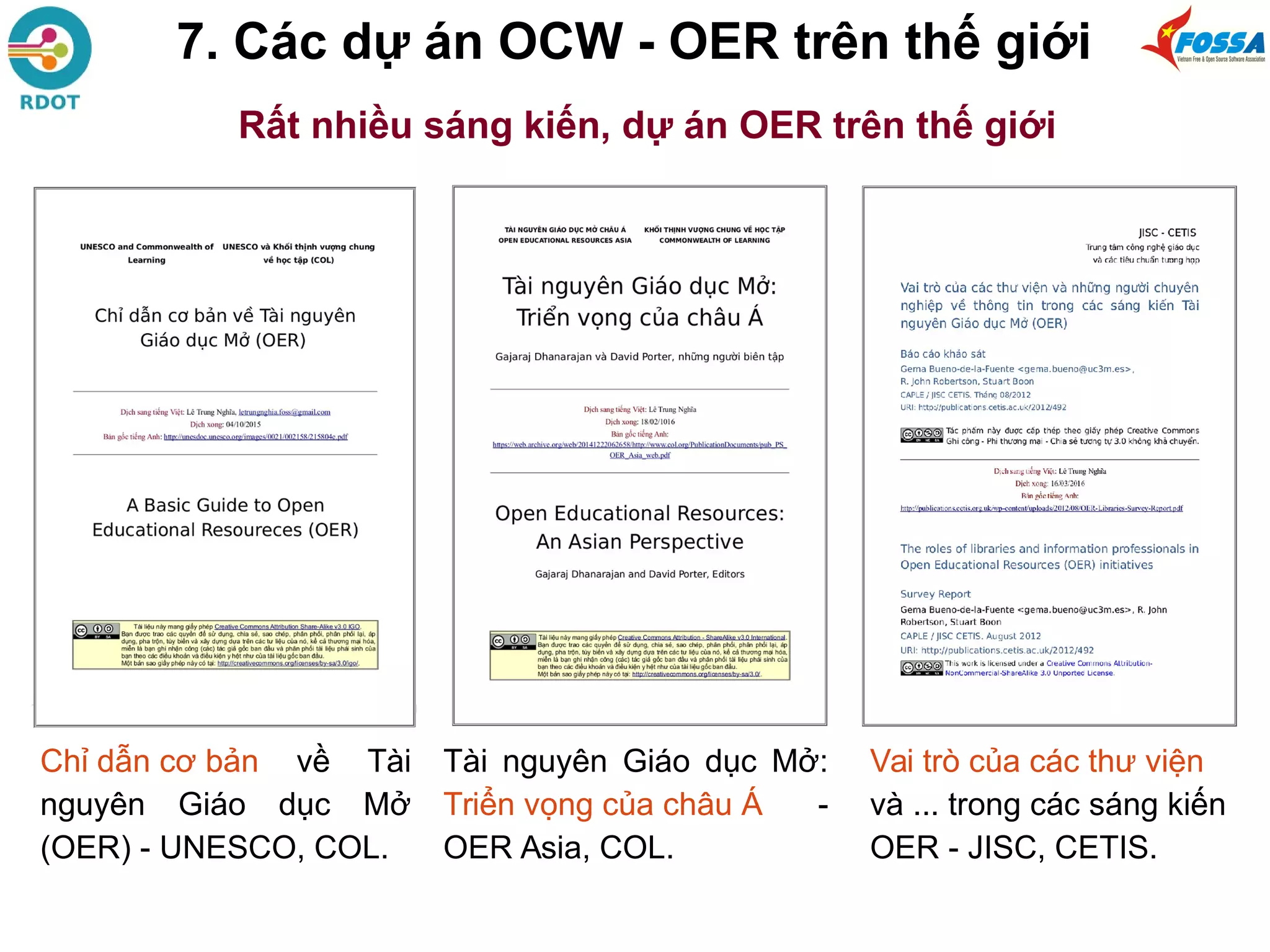 7. Các dự án OCW - OER trên thế giới
Rất nhiều sáng kiến, dự án OER trên thế giới
Chỉ dẫn cơ bản về Tài
nguyên Giáo dục Mở
(OER) - UNESCO, COL.
Tài nguyên Giáo dục Mở:
Triển vọng của châu Á -
OER Asia, COL.
Vai trò của các thư viện
và ... trong các sáng kiến
OER - JISC, CETIS.
 