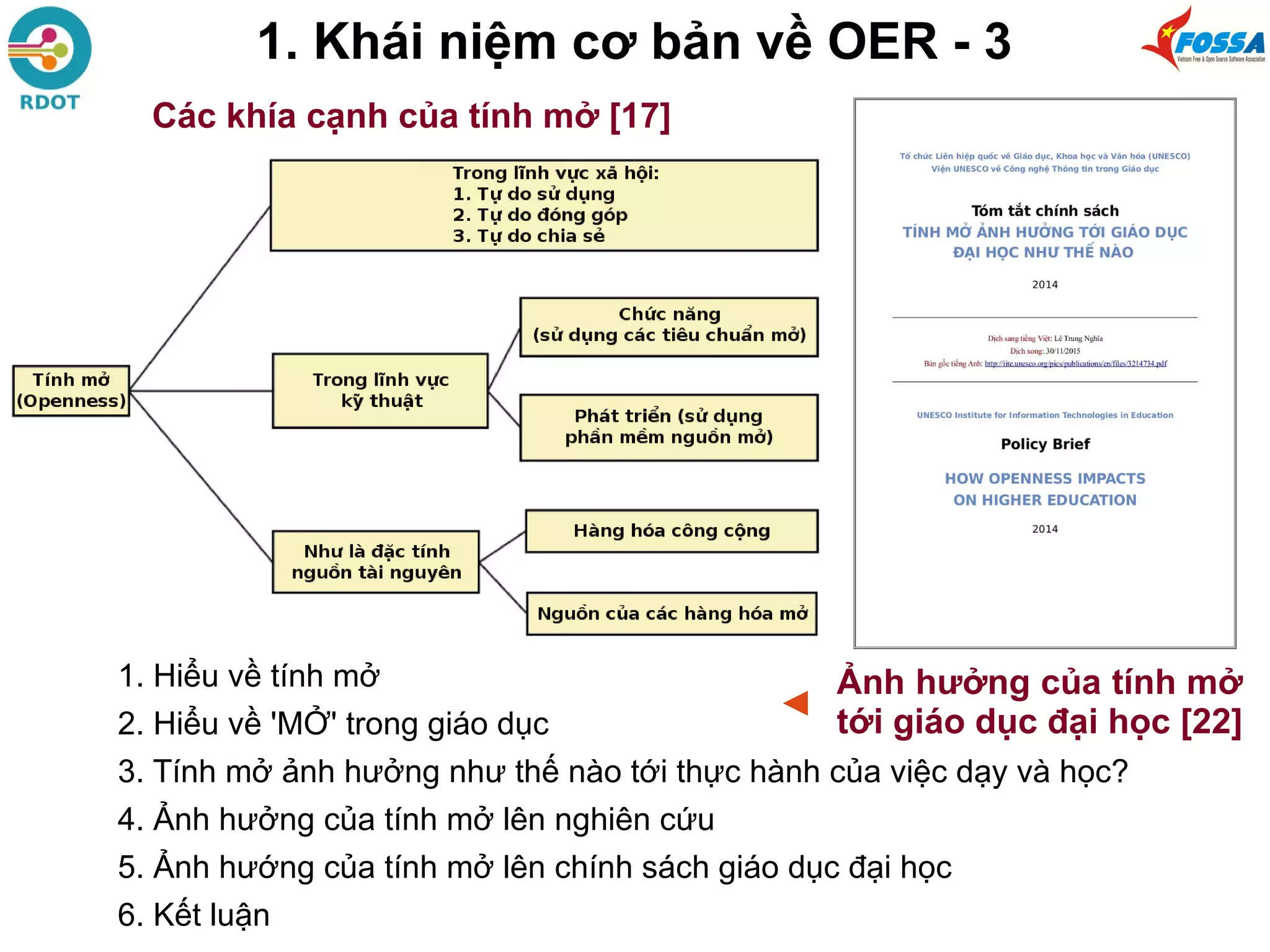 Các khía cạnh của tính mở [17]
Ảnh hưởng của tính mở
tới giáo dục đại học [22]
1. Hiểu về tính mở
2. Hiểu về 'MỞ' trong giáo dục
3. Tính mở ảnh hưởng như thế nào tới thực hành của việc dạy và học?
4. Ảnh hưởng của tính mở lên nghiên cứu
5. Ảnh hướng của tính mở lên chính sách giáo dục đại học
6. Kết luận
◄
1. Khái niệm cơ bản về OER - 3
 