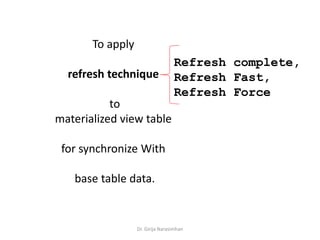 Dr. Girija Narasimhan
To apply
refresh technique
to
materialized view table
for synchronize With
base table data.
Refresh complete,
Refresh Fast,
Refresh Force
 
