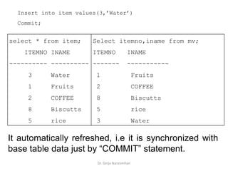 Dr. Girija Narasimhan
select * from item;
ITEMNO INAME
---------- ----------
3 Water
1 Fruits
2 COFFEE
8 Biscutts
5 rice
Select itemno,iname from mv;
ITEMNO INAME
------- -----------
1 Fruits
2 COFFEE
8 Biscutts
5 rice
3 Water
Insert into item values(3,’Water’)
Commit;
It automatically refreshed, i.e it is synchronized with
base table data just by “COMMIT” statement.
 