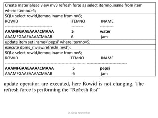 Dr. Girija Narasimhan
Create materialized view mv3 refresh force as select itemno,iname from item
where itemno>4;
SQL> select rowid,itemno,iname from mv3;
ROWID ITEMNO INAME
----------------------------------- --------- ----------
AAAMFGAAEAAAACMAAA 5 water
AAAMFGAAEAAAACMAAB 6 jam
update item set iname='pepsi' where itemno=5;
execute dbms_mview.refresh('mv3');
SQL> select rowid,itemno,iname from mv3;
ROWID ITEMNO INAME
------------------------------------------------------------ ------------------------------
AAAMFGAAEAAAACMAAA 5 pepsi
AAAMFGAAEAAAACMAAB 6 jam
update operation are executed, here Rowid is not changing. The
refresh force is performing the “Refresh fast”
 
