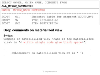 Dr. Girija Narasimhan
SELECT OWNER, MVIEW_NAME, COMMENTS FROM
ALL_MVIEW_COMMENTS;
OWNER MVIEW_NAME COMMENTS
----------------------------------------------------------
SCOTT MV1 Snapshot table for snapshot SCOTT.MV1
SCOTT MV ITEM Information
SCOTT MV2 ITEM DESCRIPTION
Drop comments on materialized view
SQL>comment on materialized view mv is ' ';
Syntax:
Comment on materialized view <name of the materialized
view> is ‘< within single code give blank space>‘;
 