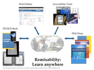 Remixability: Learn anywhere EPUB/E-Book Web/Online Accessibility Tools PDF/Print Library photograph courtesy Joe Crawford (http://www.flickr.com/people/artlung/) under the Creative Commons Attribution License. 