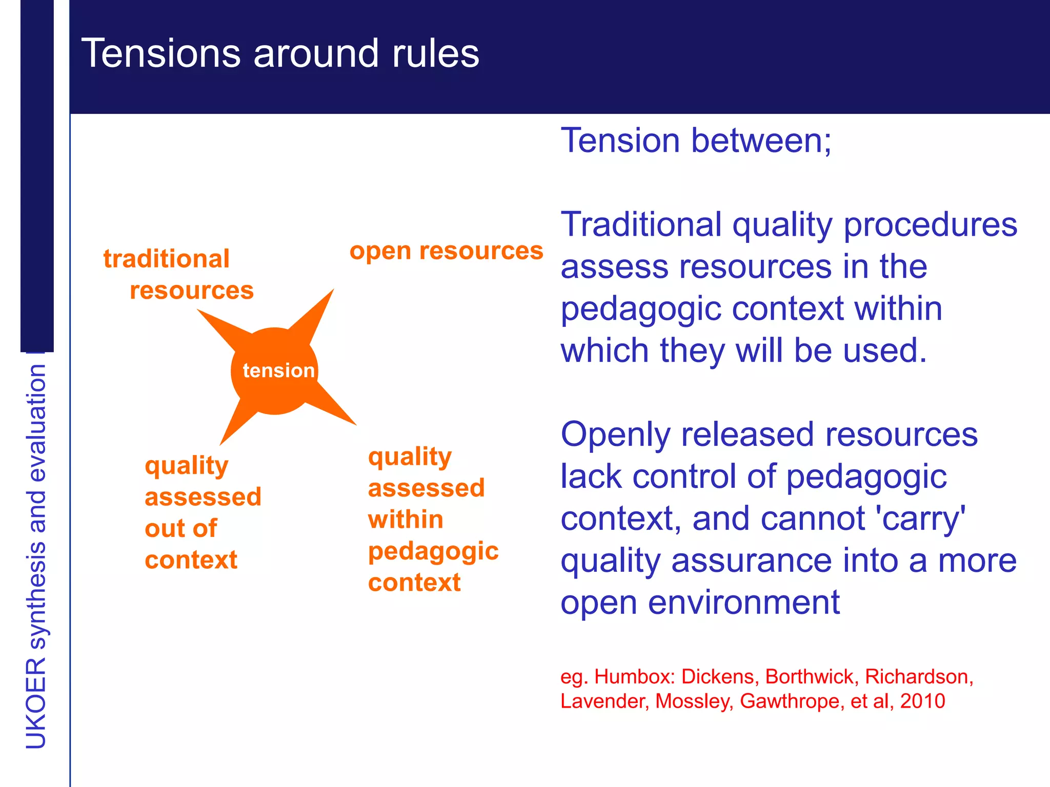 Drivers for transformationalExtending reputation
UKOER synthesis and evaluation Phase III Start-Up Nov2011
                                                            Tensions around rules        change

                                                                                                   Tension between;

                                                                                                   Traditional quality procedures
                                                             traditional          open resources
                                                                                                   assess resources in the
                                                                resources
                                                                                                   pedagogic context within
                                                                        tension
                                                                                                   which they will be used.

                                                                                                   Openly released resources
                                                                quality            quality
                                                                                   assessed        lack control of pedagogic
                                                                assessed
                                                                out of             within          context, and cannot 'carry'
                                                                context            pedagogic       quality assurance into a more
                                                                                   context
                                                                                                   open environment
                                                                                                   eg. Humbox: Dickens, Borthwick, Richardson,
                                                                                                   Lavender, Mossley, Gawthrope, et al, 2010
 