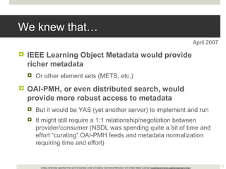 We knew that… <ul><li>IEEE Learning Object Metadata would provide richer metadata </li></ul><ul><ul><li>Or other element s...