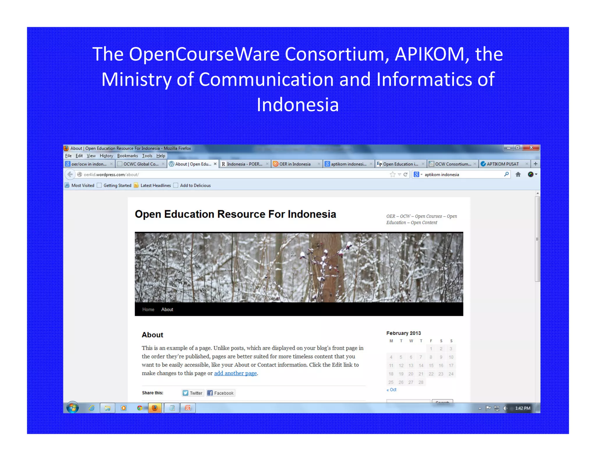 The OpenCourseWare Consortium, APIKOM, the
 Ministry of Communication and Informatics of
                 Indonesia
 