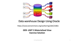 Data warehouse Design Using Oracle
https://www.oercommons.org/authoring/edit/21861
Dr. Girija Narasimhan 1
OER- UNIT 3 Materialized View
Exercise Solution
 