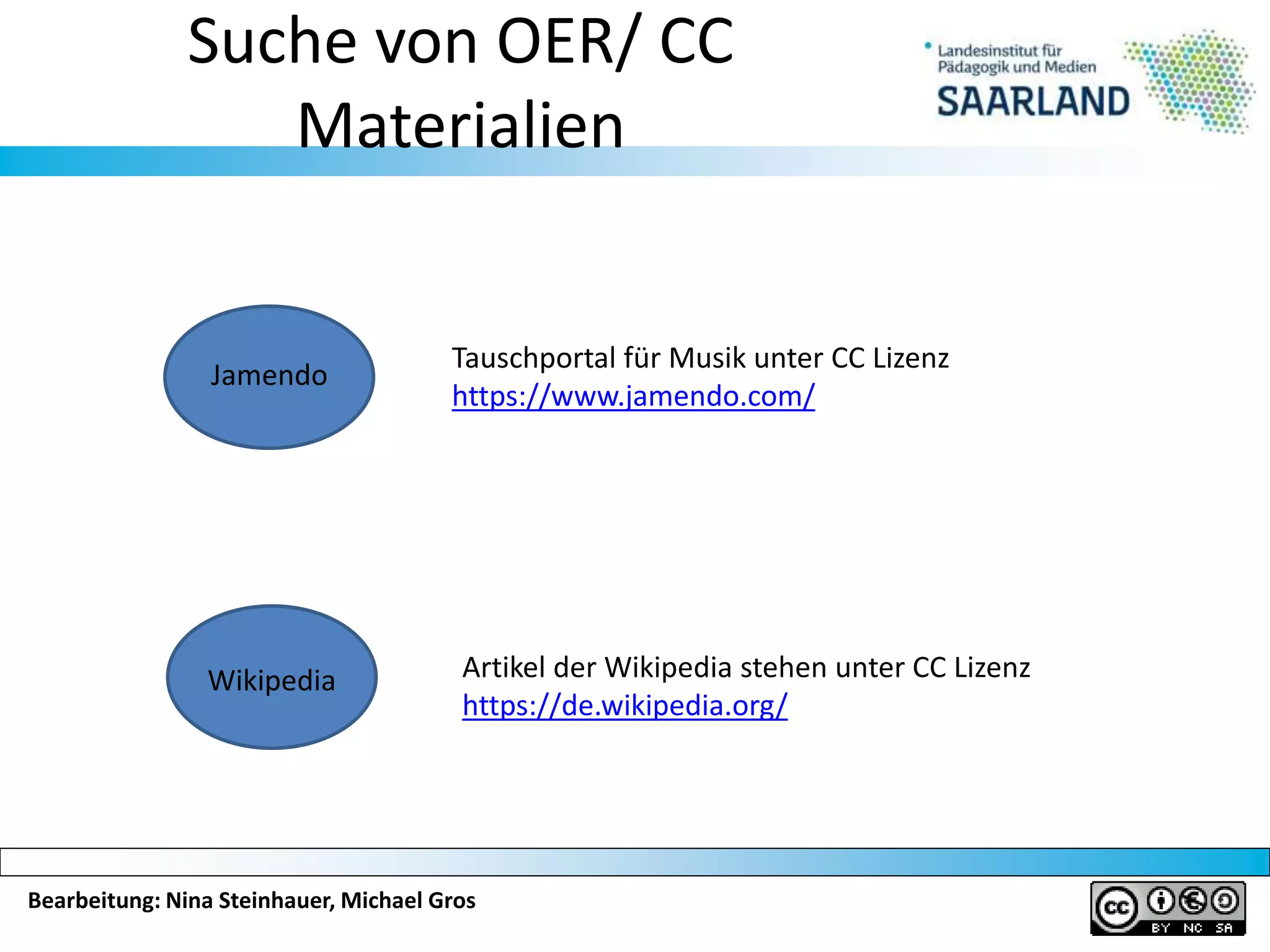 Bearbeitung: Nina Steinhauer, Michael Gros
Suche von OER/ CC
Materialien
Jamendo
Tauschportal für Musik unter CC Lizenz
https://www.jamendo.com/
Wikipedia Artikel der Wikipedia stehen unter CC Lizenz
https://de.wikipedia.org/
 