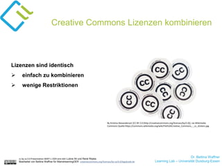 Dr. Bettina Waffner
Learning Lab – Universität Duisburg-Essen
Creative Commons Lizenzen kombinieren
Lizenzen sind identisch
 einfach zu kombinieren
 wenige Restriktionen
By Kristina Alexanderson [CC BY 2.0 (http://creativecommons.org/licenses/by/2.0)], via Wikimedia
Commons Quelle:https://commons.wikimedia.org/wiki/File%3ACreative_Commons_-_cc_stickers.jpg
cc by sa 4.0 Präsentation MINT-L-OER-amt von Lubna Ali und René Röpke.
Bearbeitet von Bettina Waffner für MainstreamingOER creativecommons.org/licenses/by-sa/4.0/legalcode.de
 
