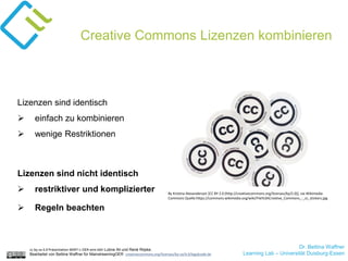 Dr. Bettina Waffner
Learning Lab – Universität Duisburg-Essen
Creative Commons Lizenzen kombinieren
Lizenzen sind identisch
 einfach zu kombinieren
 wenige Restriktionen
By Kristina Alexanderson [CC BY 2.0 (http://creativecommons.org/licenses/by/2.0)], via Wikimedia
Commons Quelle:https://commons.wikimedia.org/wiki/File%3ACreative_Commons_-_cc_stickers.jpg
cc by sa 4.0 Präsentation MINT-L-OER-amt von Lubna Ali und René Röpke.
Bearbeitet von Bettina Waffner für MainstreamingOER creativecommons.org/licenses/by-sa/4.0/legalcode.de
Lizenzen sind nicht identisch
 restriktiver und komplizierter
 Regeln beachten
 
