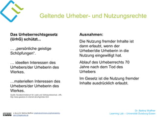 Dr. Bettina Waffner
Learning Lab – Universität Duisburg-Essen
Geltende Urheber- und Nutzungsrechte
cc by sa 4.0 Bettina Waffner creativecommons.org/licenses/by-
sa/4.0/legalcode.de
Das Urheberrechtsgesetz
(UrhG) schützt...
… „persönliche geistige
Schöpfungen“.
… ideellen Interessen des
Urhebers/der Urheberin des
Werkes.
…materiellen Interessen des
Urhebers/der Urheberin des
Werkes.
Ausnahmen:
Die Nutzung fremder Inhalte ist
dann erlaubt, wenn der
Urheber/die Urheberin in die
Nutzung eingewilligt hat.
Ablauf des Urheberrechts 70
Jahre nach dem Tod des
Urhebers
Im Gesetz ist die Nutzung fremder
Inhalte ausdrücklich erlaubt.
Quelle: Bundesministerium für Justiz und Verbraucherschutz. URL:
http://www.gesetze-im-internet.de/urhg/index.html
 