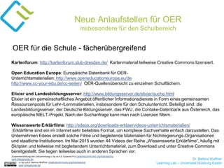Dr. Bettina Waffner
Learning Lab – Universität Duisburg-Essencc by sa 4.0 Bettina Waffner creativecommons.org/licenses/by-
sa/4.0/legalcode.de
Neue Anlaufstellen für OER
insbesondere für den Schulbereich
Kartenforum: http://kartenforum.slub-dresden.de/ Kartenmaterial teilweise Creative Commons lizensiert.
Open Education Europa: Europäische Datenbank für OER-
Unterrichtsmaterialien: http://www.openeducationeuropa.eu/de
http://www.cc-your-edu.de/cc-seiten/ OER-Quellenübersicht zu einzelnen Schulfächern.
Elixier und Landesbildungsserver: http://www.bildungsserver.de/elixier/suche.html
Elixier ist ein gemeinschaftliches Angebot öffentlicher Informationsdienste in Form eines gemeinsamen
Ressourcenpools für Lehr-/Lernmaterialien, insbesondere für den Schulunterricht. Beteiligt sind: die
Landesbildungsserver, der Deutsche Bildungsserver, das FWU, die Contake-Datenbank aus Österreich, das
europäische MELT-Projekt. Nach der Suchanfrage kann man nach Lizenzen filtern.
Wissenswerte Erklärfilme: http://edeos.org/downloads-erklaervideos-unterrichtsmaterialien/
Erklärfilme sind ein im Internet sehr beliebtes Format, um komplexe Sachverhalte einfach darzustellen. Das
Unternehmen Edeos erstellt solche Filme und begleitende Materialien für Nichtregierungs-Organisationen
und staatliche Institutionen. Im Mai 2015 wurden 44 Videos der Reihe „Wissenswerte Erklärfilme“, häufig mit
Skripten und teilweise mit begleitendem Unterrichtsmaterial, zum Download und unter Creative Commons
bereitgestellt. Sie liegen teilweise auch in anderen Sprachen vor.
OER für die Schule - fächerübergreifend
Zusammenstellung der Linksammlung cc by sa 4.0 Susanne Friz creativecommons.org/licenses/by-
sa/4.0/legalcode.de
 