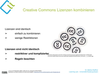 Dr. Bettina Waffner
Learning Lab – Universität Duisburg-Essen
Creative Commons Lizenzen kombinieren
Lizenzen sind identisch
➢ einfach zu kombinieren
➢ wenige Restriktionen
By Kristina Alexanderson [CC BY 2.0 (http://creativecommons.org/licenses/by/2.0)], via Wikimedia
Commons Quelle:https://commons.wikimedia.org/wiki/File%3ACreative_Commons_-_cc_stickers.jpg
cc by sa 4.0 Präsentation MINT-L-OER-amt von Lubna Ali und René Röpke.
Bearbeitet von Bettina Waffner für MainstreamingOER creativecommons.org/licenses/by-sa/4.0/legalcode.de
Lizenzen sind nicht identisch
➢ restriktiver und komplizierter
➢ Regeln beachten
 
