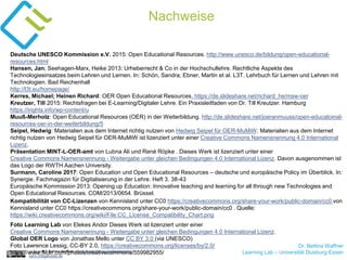 Dr. Bettina Waffner
Learning Lab – Universität Duisburg-Essen
Nachweise
cc by sa 4.0 Bettina Waffner creativecommons.org/licenses/by-
sa/4.0/legalcode.de
Deutsche UNESCO Kommission e.V. 2015: Open Educational Resources. http://www.unesco.de/bildung/open-educational-
resources.html
Hansen, Jan; Seehagen-Marx, Heike 2013: Urheberrecht & Co in der Hochschullehre. Rechtliche Aspekte des
Technologieeinsatzes beim Lehren und Lernen. In: Schön, Sandra; Ebner, Martin et al. L3T. Lehrbuch für Lernen und Lehren mit
Technologien. Bad Reichenhall
http://l3t.eu/homepage/
Kerres, Michael; Heinen Richard: OER Open Educational Resources. https://de.slideshare.net/richard_he/msw-oer
Kreutzer, Till 2015: Rechtsfragen bei E-Learning/Digitaler Lehre. Ein Praxisleitfaden von Dr. Till Kreutzer. Hamburg
https://irights.info/wp-content/u
Muuß-Merholz: Open Educational Resources (OER) in der Weiterbildung. http://de.slideshare.net/joeranmuuss/open-educatoinal-
resources-oer-in-der-weiterbildung/5
Seipel, Hedwig: Materialien aus dem Internet richtig nutzen von Hedwig Seipel für OER-MuMiW: Materialien aus dem Internet
richtig nutzen von Hedwig Seipel für OER-MuMiW ist lizenziert unter einer Creative Commons Namensnennung 4.0 International
Lizenz.
Präsentation MINT-L-OER-amt von Lubna Ali und René Röpke . Dieses Werk ist lizenziert unter einer
Creative Commons Namensnennung - Weitergabe unter gleichen Bedingungen 4.0 International Lizenz. Davon ausgenommen ist
das Logo der RWTH Aachen University.
Surmann, Caroline 2017: Open Education und Open Educational Resources – deutsche und europäische Policy im Überblick. In:
Synergie. Fachmagazin für Digitalisierung in der Lehre. Heft 3. 38-43
Europäische Kommission 2013: Opening up Education: Innovative teaching and learning for all through new Technologies and
Open Educational Resources. COM/2013/0654. Brüssel.
Kompatibilität von CC-Lizenzen von Kennisland unter CC0 https://creativecommons.org/share-your-work/public-domain/cc0 von
Kennisland unter CC0 https://creativecommons.org/share-your-work/public-domain/cc0 . Quelle:
https://wiki.creativecommons.org/wiki/File:CC_License_Compatibility_Chart.png
Foto Learning Lab von Elekes Andor Dieses Werk ist lizenziert unter einer
Creative Commons Namensnennung - Weitergabe unter gleichen Bedingungen 4.0 International Lizenz.
Global OER Logo von Jonathas Mello unter CC BY 3.0 (via UNESCO)
Foto Lawrence Lessig, CC-BY 2.0, https://creativecommons.org/licenses/by/2.0/
https://www.flickr.com/photos/creativecommons/559982955/
 