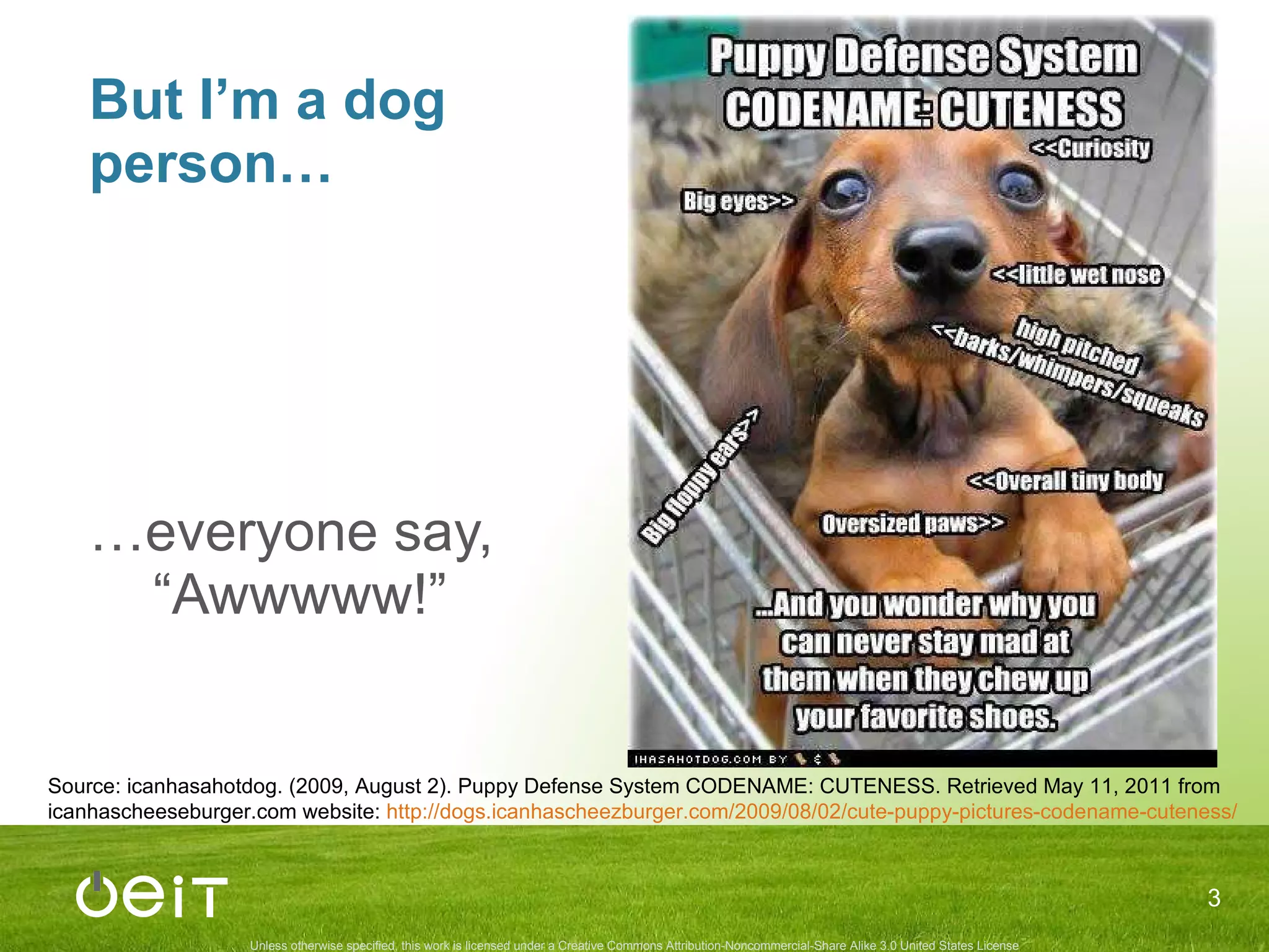 But I’m a dog person… … everyone say,  “ Awwwww! ” Source: icanhasahotdog. (2009, August 2).  Puppy Defense System CODENAME: CUTENESS . Retrieved May 11, 2011 from icanhascheeseburger.com website:  http://dogs.icanhascheezburger.com/2009/08/02/cute-puppy-pictures-codename-cuteness/   