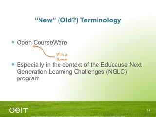 “ New” (Old?) Terminology Open CourseWare Especially in the context of the Educause Next Generation Learning Challenges (NGLC) program With a Space 