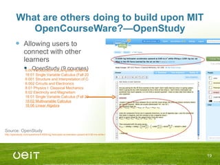 What are others doing to build upon MIT OpenCourseWare?—OpenStudy Allowing users to connect with other learners OpenStudy (9 courses) 6.00 Introduction to Computer Science 18.01 Single Variable Calculus (Fall 2006) 6.001 Structure and Interpretation of Computer Programs 6.002 Circuits and Electronics 8.01 Physics I: Classical Mechanics 8.02 Electricity and Magnetism 18.01 Single Variable Calculus (Fall 2006) 18.02 Multivariable Calculus 18.06 Linear Algebra Source: OpenStudy  http://openstudy.com/questions/A-6500-kg-helicopter-accelerates-upward-at-0.60-ms-while-lifting-a-1200-kg-car.--a-What-is-the-lift-force-exerted-by-the-air-on-the-r-4cbd2903fddb3a7f0a66df45   