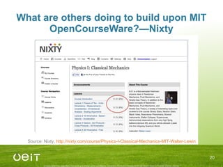 What are others doing to build upon MIT OpenCourseWare?—Nixty “ Tracking progress through a course” Nixty-versions of MIT OCW Courses Source: Nixty,  http://nixty.com/course/Physics-I-Classical-Mechanics-MIT-Walter-Lewin 