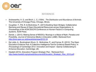 • Andrewartha, H. G. and Birch, L. C. (1954). The Distribution and Abundance of Animals.
The University of Chicago Press, Chicago, Illinois.
• Coughlan, T., Pitt, R. & McAndrew, P., (2013) Building Open Bridges: Collaborative
Remixing and Reuse of Open Educational Resources across Organisations. In
Proceedings of the ACM SIGCHI Conference on Human Factors in Computing
Systems. ACM Press.
• Daniel, J. (2012). Making Sense of MOOCs: Musings in a Maze of Myth, Paradox and
Possibility. Journal of Interactive Media in Education (JiME). Retrieved from
http://jime.open.ac.uk/jime/article/view/2012-18.
• De Liddo, A., Buckingham Shum, S., McAndrew, P., and Farrow, R. (2012). The Open
Education Evidence Hub: A Collective Intelligence Tool for Evidence Based Policy. In
Proceedings of Cambridge 2012: Innovation and Impact - Openly Collaborating to
Enhance Education. Cambridge, UK.
• Hewlett (2010). Education Program Strategic Plan. Retrieved from
http://www.hewlett.org/uploads/documents/Education_Strategic_Plan_2010.pdf .
REFERENCES
 