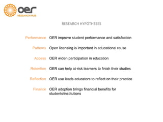 RESEARCH HYPOTHESES
Performance OER improve student performance and satisfaction
Patterns Open licensing is important in educational reuse
Access OER widen participation in education
Retention OER can help at-risk learners to finish their studies
Reflection OER use leads educators to reflect on their practice
Finance OER adoption brings financial benefits for
students/institutions
 