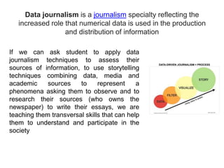 Data journalism is a journalism specialty reflecting the
increased role that numerical data is used in the production
and distribution of information
If we can ask student to apply data
journalism techniques to assess their
sources of information, to use storytelling
techniques combining data, media and
academic sources to represent a
phenomena asking them to observe and to
research their sources (who owns the
newspaper) to write their essays, we are
teaching them transversal skills that can help
them to understand and participate in the
society
 