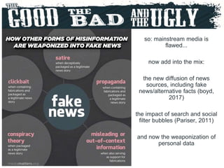 so: mainstream media is
flawed...
now add into the mix:
the new diffusion of news
sources, including fake
news/alternative facts (boyd,
2017)
the impact of search and social
filter bubbles (Pariser, 2011)
and now the weaponization of
personal data
 
