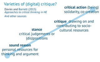 Varieties of (digital) critique?
Davies and Barnett (2015) 
Approaches to critical thinking in HE
And other sources
sound reason 
personal resources for
thinking and argument
stance 
critical judgements or
(dis)positions 
critique drawing on and
contributing to socio-
cultural resources
critical action (being) 
solidarity, co-creation
 