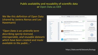 Public availability and reusability of scientific data
or Open Data as OER
We like this definition of Open Data
(shared by Javiera Atenas and Leo
Havemann)
“Open Data is an umbrella term
describing openly-licensed,
interoperable, and reusable datasets
which have been created and made
available to the public...”
https://data.world/datasets/biology
 
