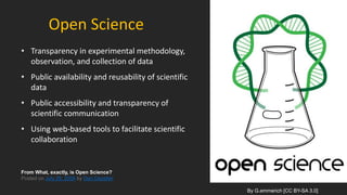 By G.emmerich [CC BY-SA 3.0]
• Transparency in experimental methodology,
observation, and collection of data
• Public availability and reusability of scientific
data
• Public accessibility and transparency of
scientific communication
• Using web-based tools to facilitate scientific
collaboration
From What, exactly, is Open Science?
Posted on July 28, 2009 by Dan Gezelter
Open Science
 