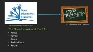 Open Educational Resources by Ron Mader [CC BY 2.0]
The Open License and the 5 R’s
• Reuse
• Revise
• Remix
• Redistribute...