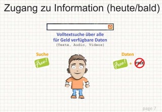 Zugang zu Information (heute/bald)
page 7
Volltextsuche über alle
für Geld verfügbare Daten
(Texte, Audio, Videos)
Suche Daten
+
 