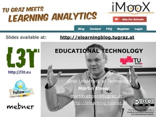 Graz University of Technology
EDUCATIONAL TECHNOLOGY
Graz University of Technology
Martin Ebner
http://elearning.tugraz.at
martin.ebner@tugraz.at
http://elearningblog.tugraz.at
mebner
Slides available at:
This work is licensed under a  
Creative Commons Attribution  
4.0 International License.
 