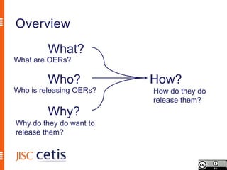 Overview

         What?
What are OERs?

         Who?            How?
Who is releasing OERs?   How do they do
                         release them?
         Why?
Why do they do want to
release them?
 