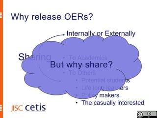 Why release OERs?
             Internally or Externally


 Sharing   • To Academics
        But• why share?
             To Students
           • To Others
               • Potential students
               • Life long learners
               • Policy makers
               • The casually interested
 