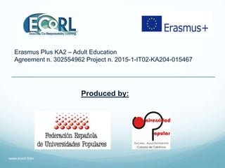 Produced by:
Erasmus Plus KA2 – Adult Education
Agreement n. 302554962 Project n. 2015-1-IT02-KA204-015467
www.ecorl.it/en
 
