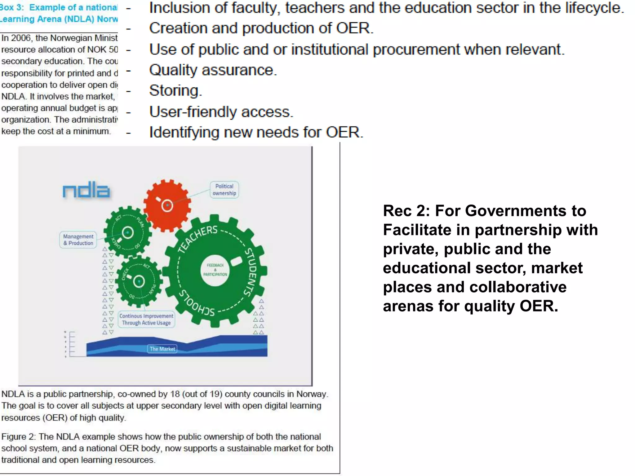 Rec 2: For Governments to
Facilitate in partnership with
private, public and the
educational sector, market
places and collaborative
arenas for quality OER.
 