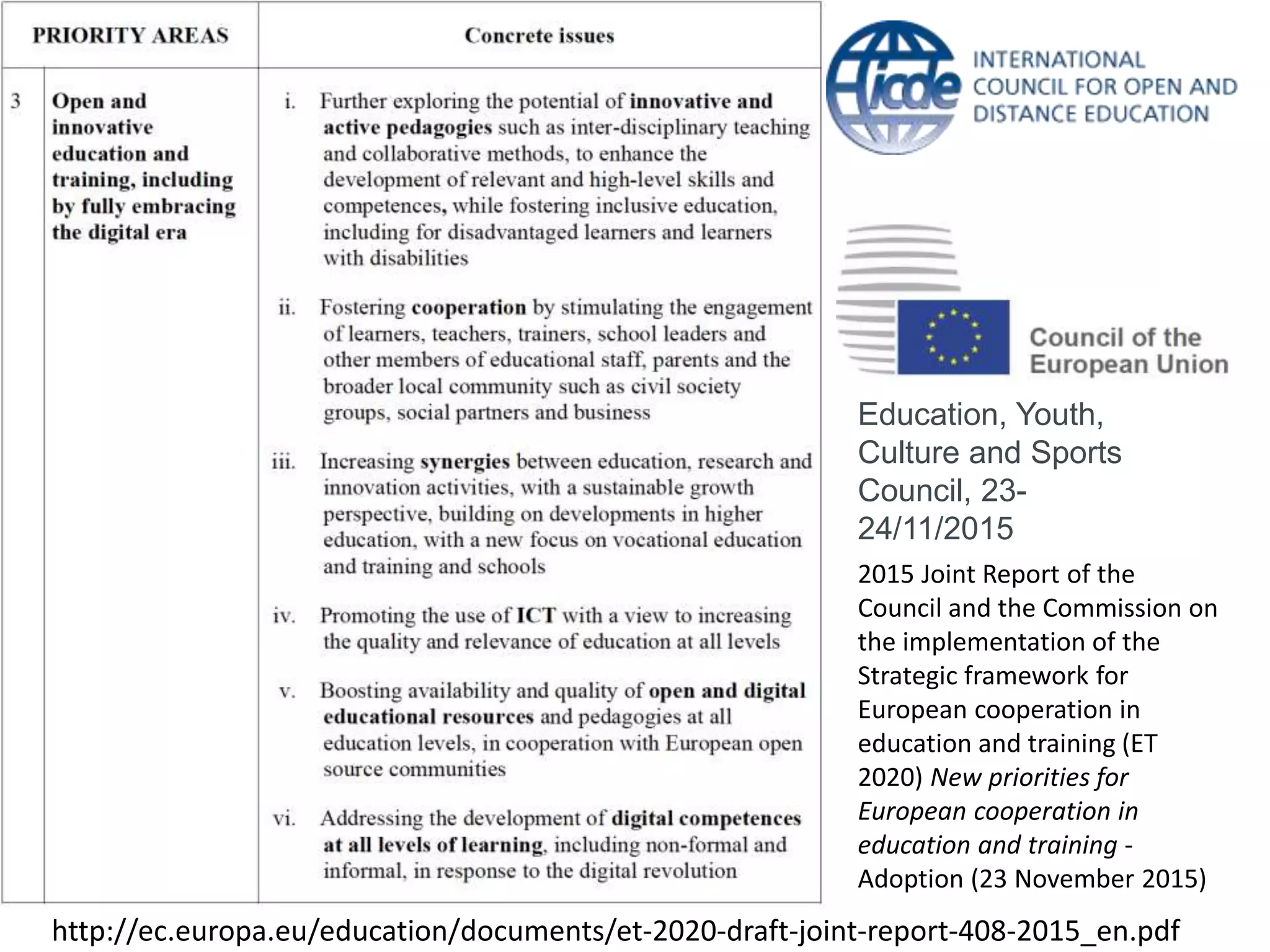 Education, Youth,
Culture and Sports
Council, 23-
24/11/2015
2015 Joint Report of the
Council and the Commission on
the implementation of the
Strategic framework for
European cooperation in
education and training (ET
2020) New priorities for
European cooperation in
education and training -
Adoption (23 November 2015)
http://ec.europa.eu/education/documents/et-2020-draft-joint-report-408-2015_en.pdf
 