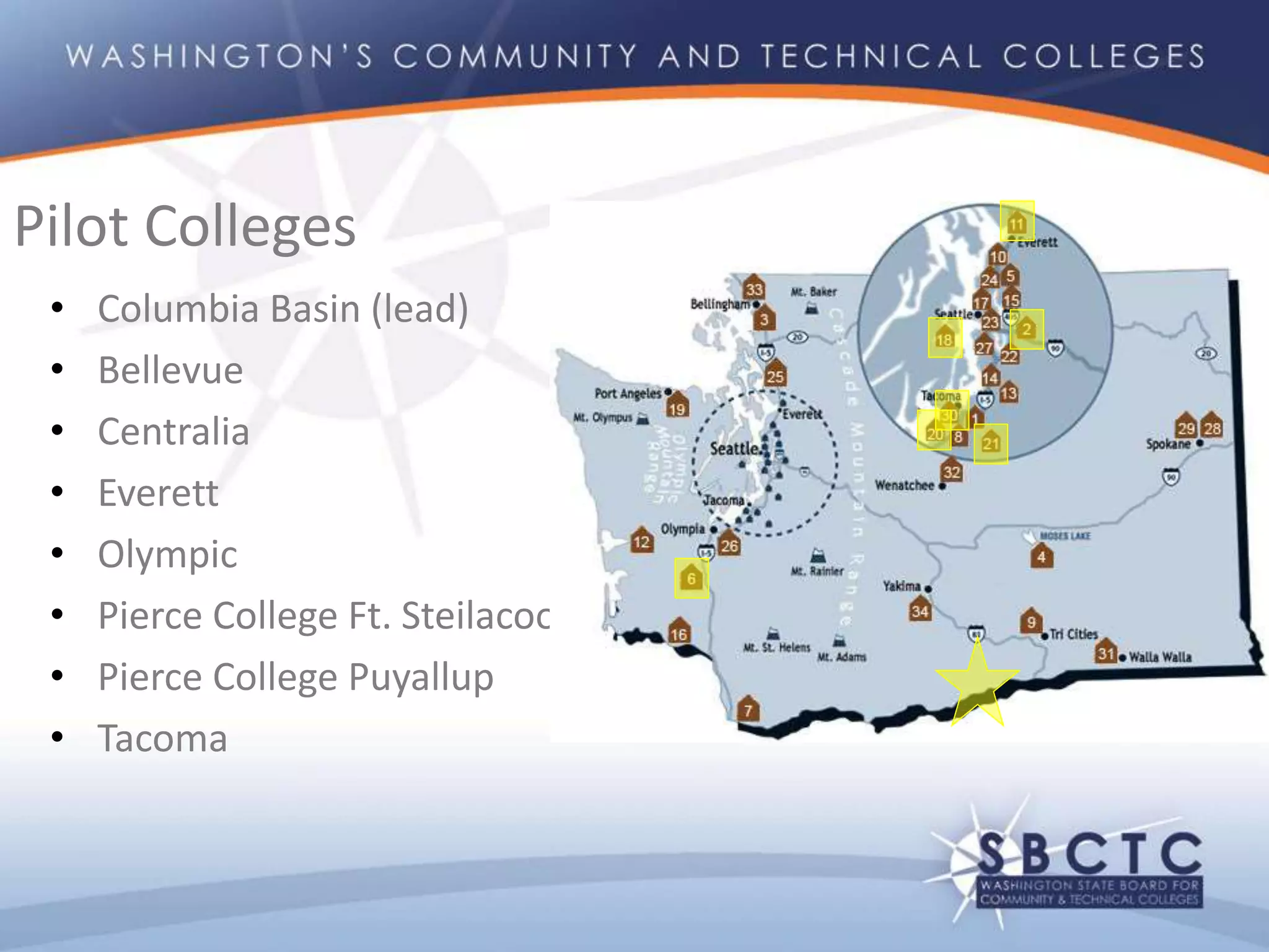• Columbia Basin (lead)
• Bellevue
• Centralia
• Everett
• Olympic
• Pierce College Ft. Steilacoom
• Pierce College Puyallup
• Tacoma
Pilot Colleges
 