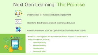 Next Gen Learning: The Promise
Next Gen Learning helps the development of skills required to create value in
today’s workforce, such as:
- Critical Thinking
- Problem Solving
- Collaboration
- Communication
Opportunities for increased student engagement
Accessible content, such as Open Educational Resources (OER)
Real-time data that informs both teacher and student
 