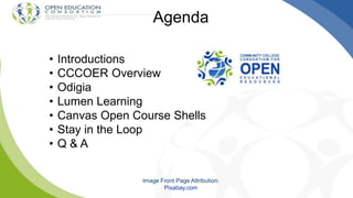 Agenda
• Introductions
• CCCOER Overview
• Odigia
• Lumen Learning
• Canvas Open Course Shells
• Stay in the Loop
• Q & A
Image Front Page Attribution:
Pixabay.com
 