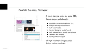 Candela Courses: Overview
A great starting point for using OER:
Adopt, adapt, collaborate.
● Complete courses designed using OER
● Comparable to publisher’s eText
● Fully customizable
● Curated (best prior work of peers)
● Quiz question banks, sample assessments
● Seamless LMS delivery
● Faculty and tech support
60+ high-enrollment college subjects
$10 per student enrollment
 