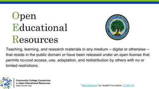 Open
Educational
Resources
Teaching, learning, and research materials in any medium – digital or otherwise –
that reside in the public domain or have been released under an open license that
permits no-cost access, use, adaptation, and redistribution by others with no or
limited restrictions.
“OER Definition” by Hewlett Foundation, CC-BY 4.0
 